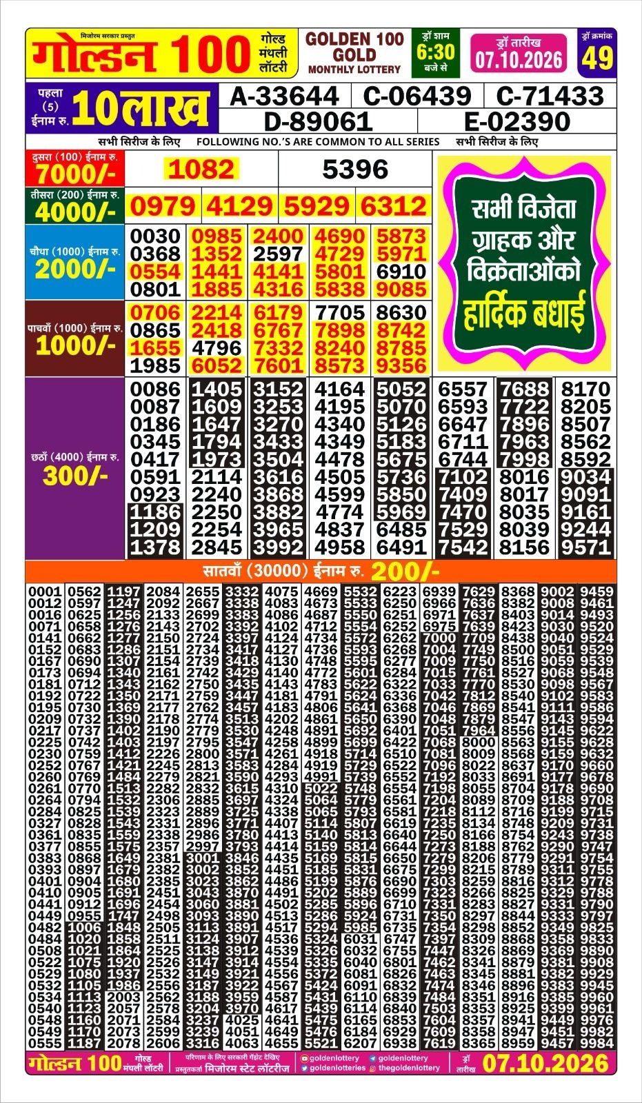 Golden 100 Gold Monthly Lottery Result Date 07-10-26 lottery result