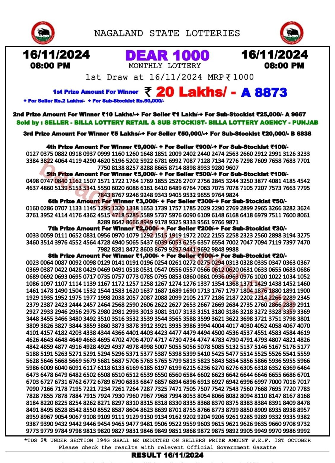 Nagaland State Dear 1000 Monthly Lottery Result 16-11-24 8PM lottery result