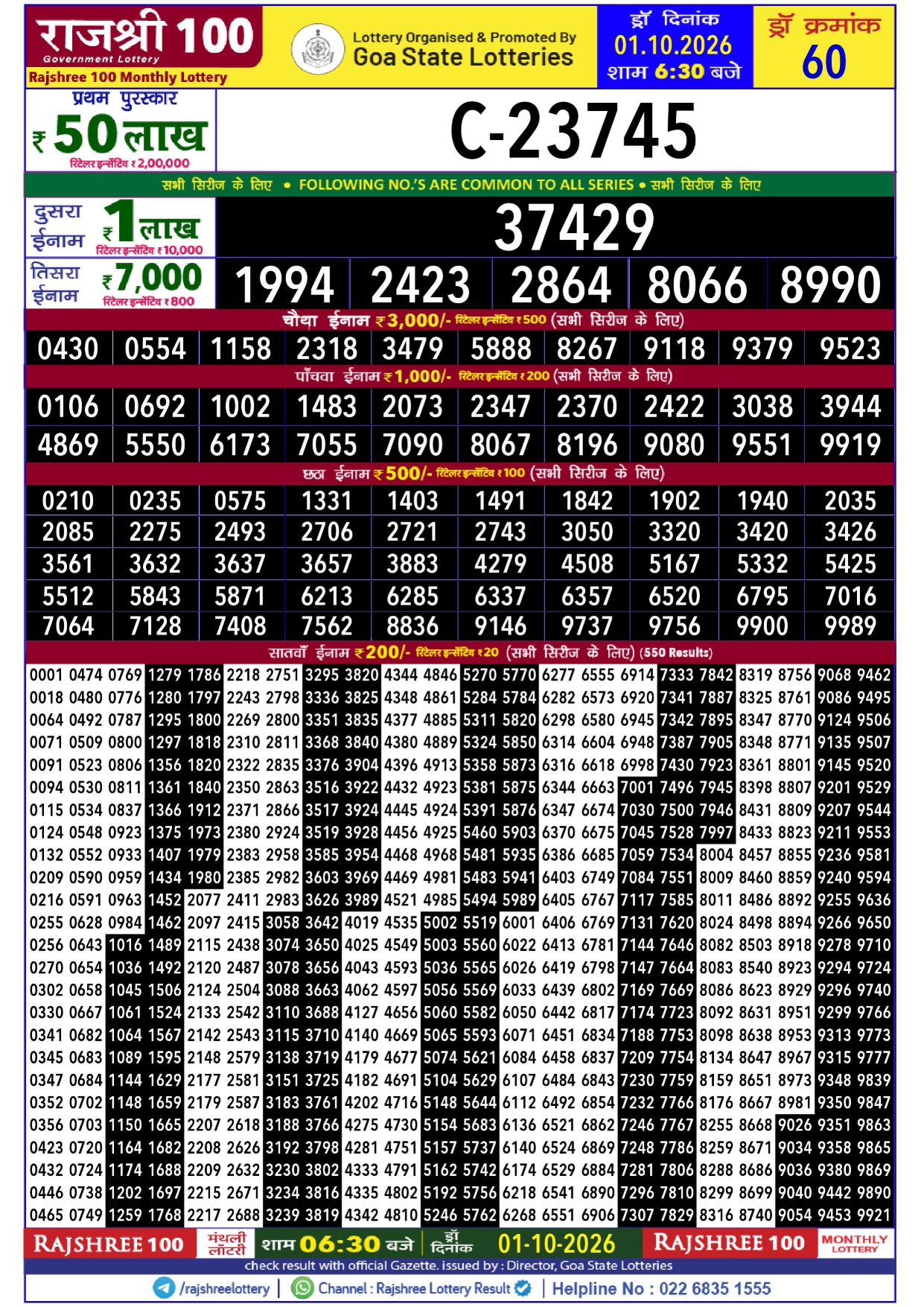 RAJSHREE 100 MONTHLY LOTTERY RESULT 01- 10-2026 lottery result