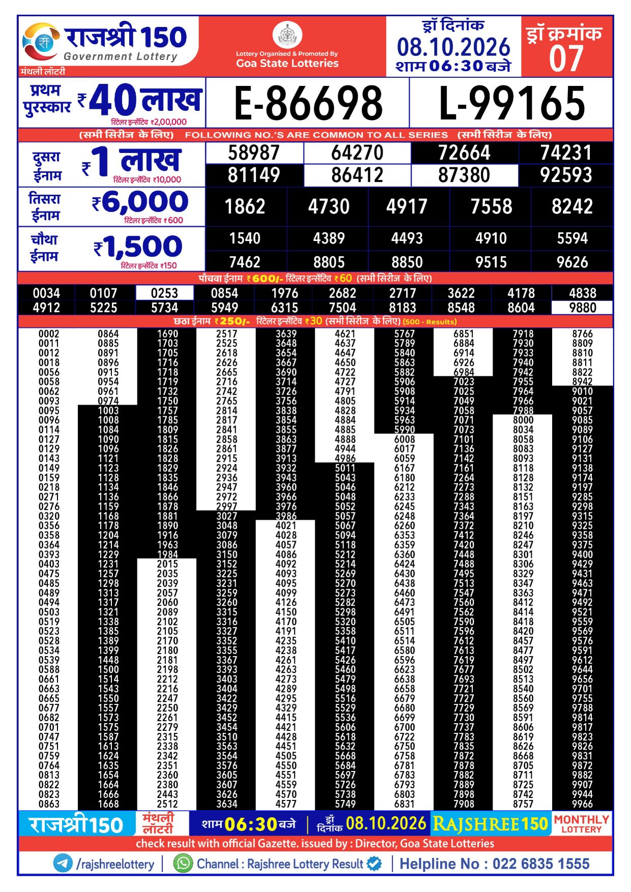 Rajshree 150 Monthly Lottery Result Date 8-10-26 6-30PM lottery result