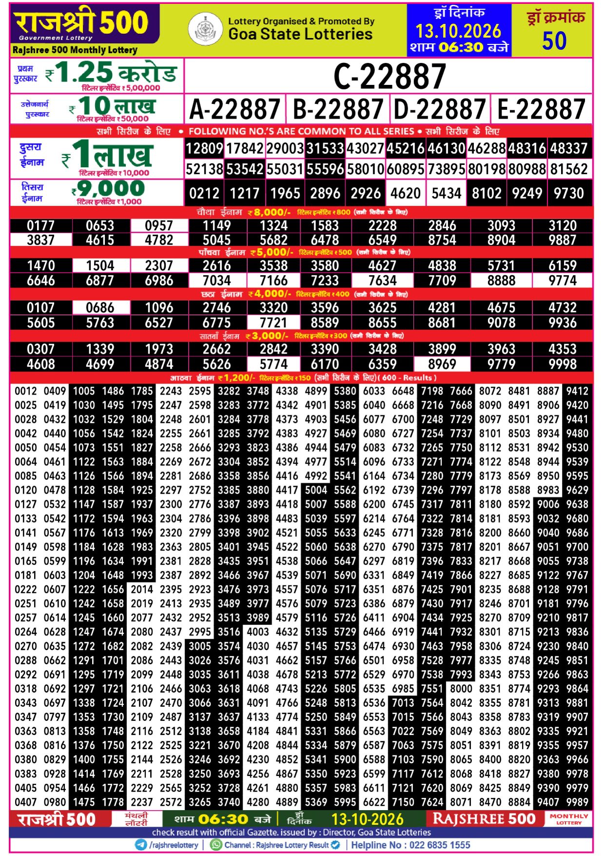 Rajshree 500 Monthly Lottery Result Date 13-10-26 6-30PM lottery result