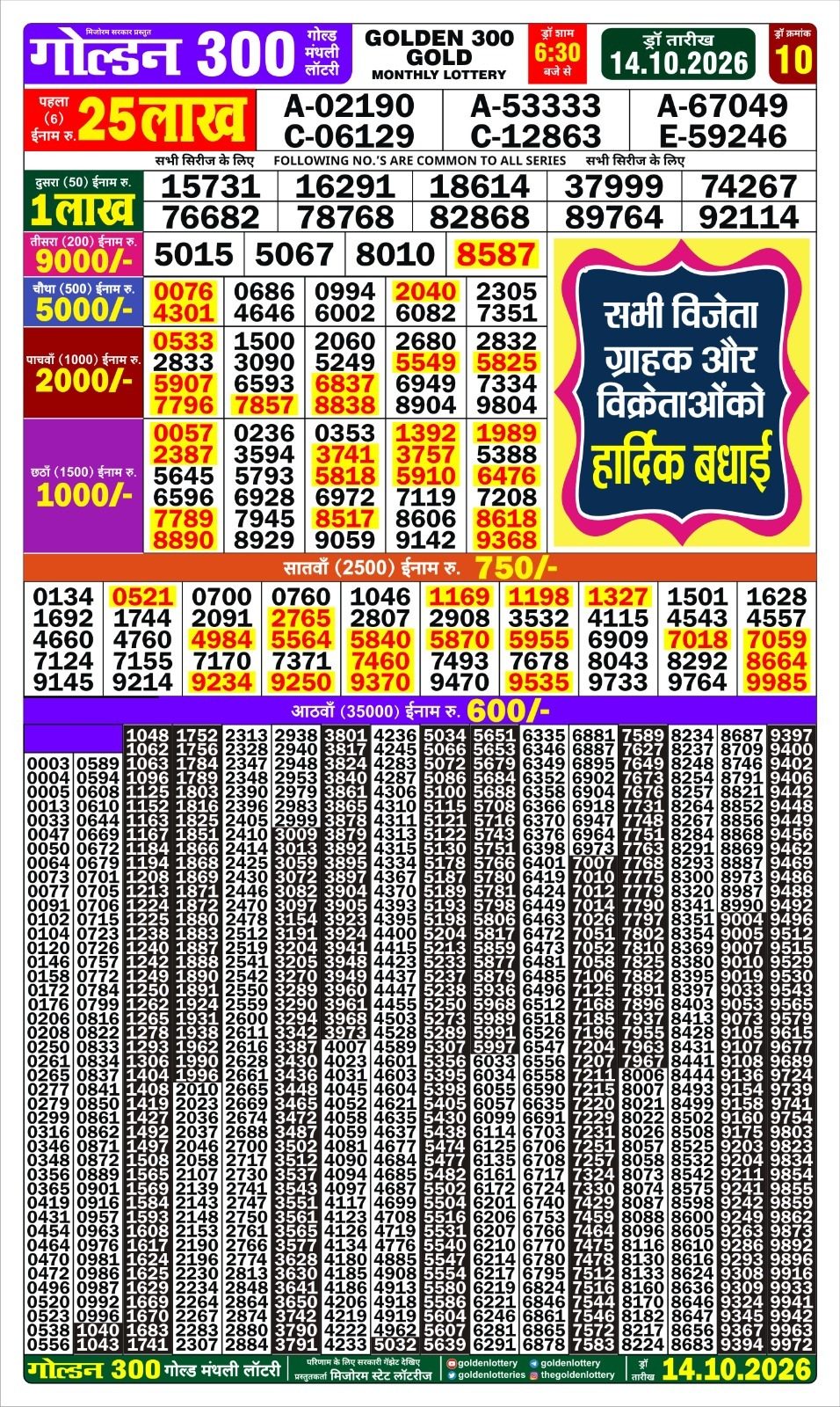 Golden 300 Gold Monthly Lottery Result Date 14-10-26 6-30PM lottery result